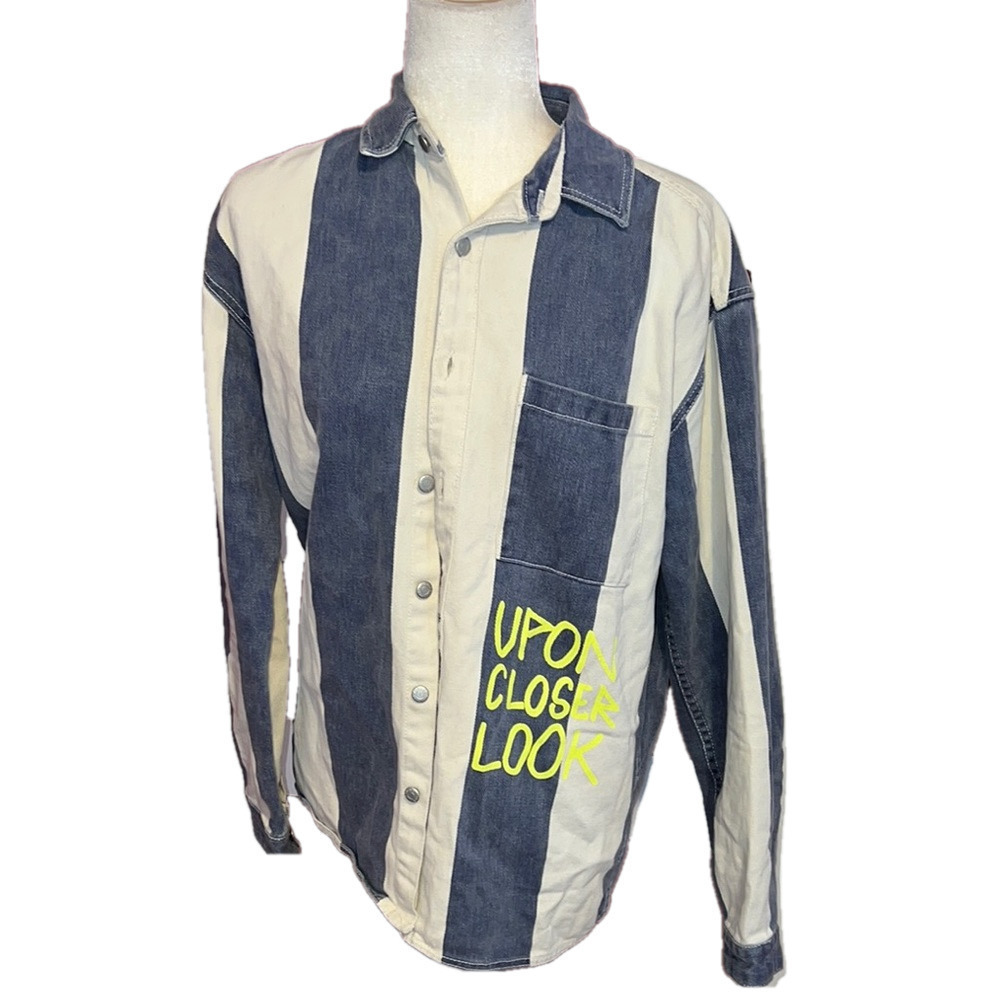NWOT Men's Zara Dance the Days Away Striped Denim Jacket, Small